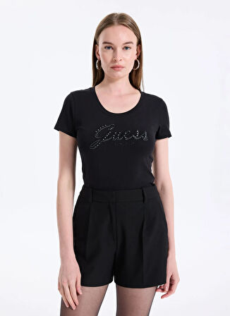 Guess Yuvarlak Yaka Baskılı Siyah Kadın T-Shirt Embro Kadın Slim Fit T-Shirt