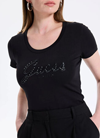 Guess Yuvarlak Yaka Baskılı Siyah Kadın T-Shirt Embro Kadın Slim Fit T-Shirt
