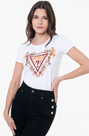Guess Triangle Kadın Beyaz Slim Fit T-Shirt W5YI08J1314-G011