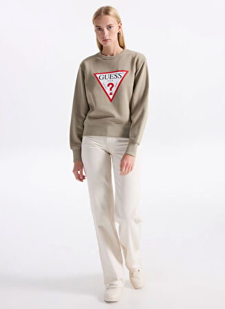 Guess Yuvarlak Yaka Baskılı Yeşil Kadın Sweatshırt Original Fleece Kadın Sweatshirt