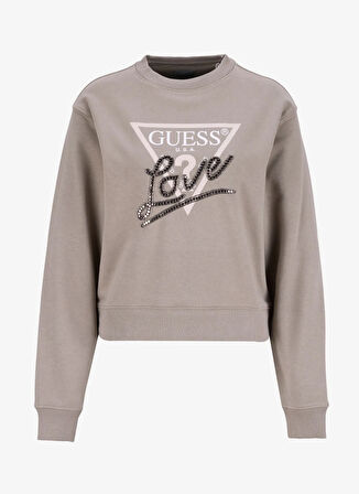 Guess Yuvarlak Yaka Baskılı Yeşil Kadın Sweatshırt Studded Kadın Sweatshirt