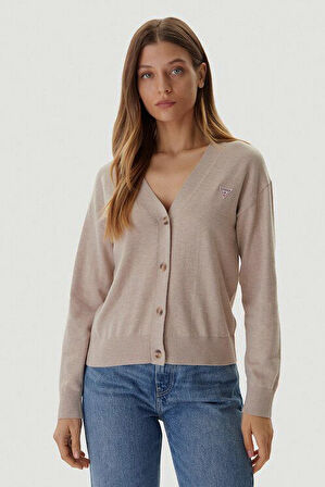 Kadın Regular Fit İpek ve Yün Karışımlı V Yaka Hırka - Bej | S