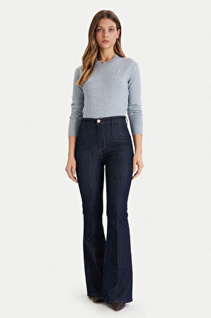 Kadın İpek ve Yün Karışımlı Bisiklet Yaka Kazak - Mavi | XS