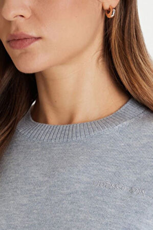 Kadın İpek ve Yün Karışımlı Bisiklet Yaka Kazak - Mavi | XS