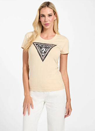 Guess Yarım balıkçı Yaka Baskılı Krem Kadın T-Shirt Pytho Kadın Slim Fit T-Shirt