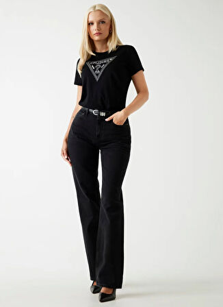 Guess Yuvarlak Yaka Baskılı Siyah Kadın T-Shirt Krystal Kadın Regular Fit T-Shirt