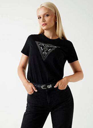 Guess Yuvarlak Yaka Baskılı Siyah Kadın T-Shirt Krystal Kadın Regular Fit T-Shirt