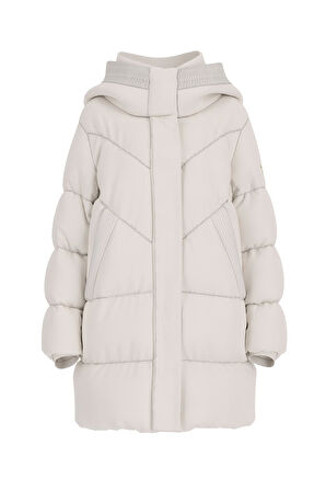 Kadın Eleonor Kapüşonlu Asimetrik Dikişli Uzun Şişme Mont - Beyaz | M