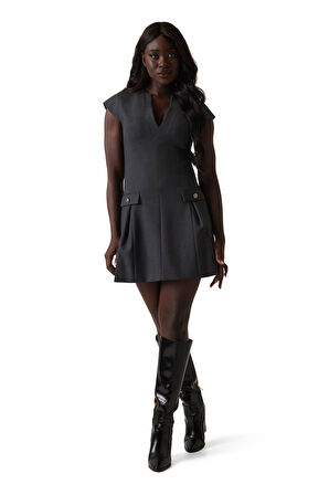 Kadın V Yakalı Düğme Detaylı Pileli Elbise - Antrasit | M