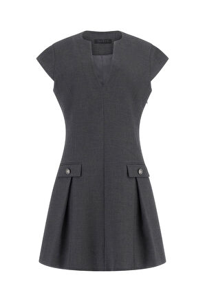 Kadın V Yakalı Düğme Detaylı Pileli Elbise - Antrasit | M