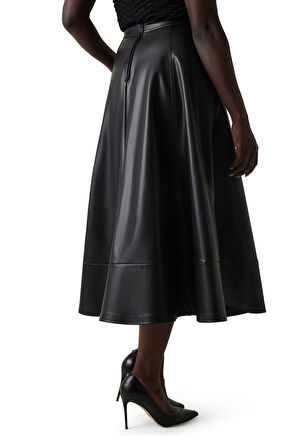 Kadın Yüksek Bel A Kesim Suni Deri Etek - Siyah | S