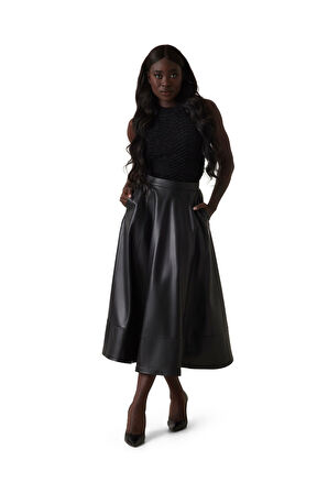 Kadın Yüksek Bel A Kesim Suni Deri Etek - Siyah | L