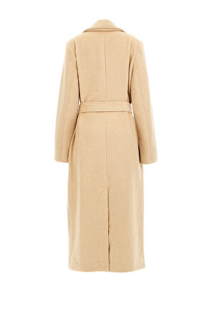 Kadın Lorenza Kuşaklı Kruvaze Yaka Uzun Kaban - Bej | M