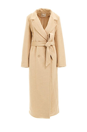 Kadın Lorenza Kuşaklı Kruvaze Yaka Uzun Kaban - Bej | L