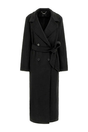 Kadın Lorenza Kuşaklı Kruvaze Yaka Uzun Kaban - Siyah | XS