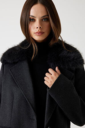 Kadın Karole Yün Karışımlı Kaban - Koyu Gri | M