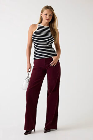 Kadın Velvet Modal Karışımlı Palazzo Fit Pantolon - Koyu Kırmızı | 25/32