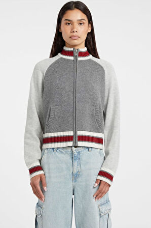 Kadın Sırtı Grafik Desenli Fermuarlı Triko Hırka - Gri | L