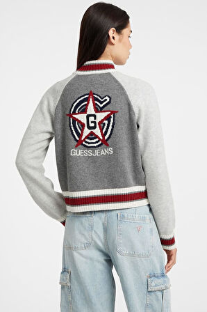 Kadın Sırtı Grafik Desenli Fermuarlı Triko Hırka - Gri | L