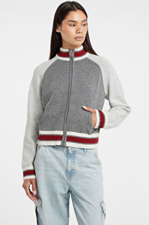 Kadın Sırtı Grafik Desenli Fermuarlı Triko Hırka - Gri | L