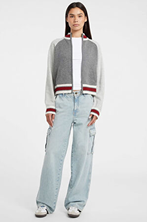 Kadın Sırtı Grafik Desenli Fermuarlı Triko Hırka - Gri | L