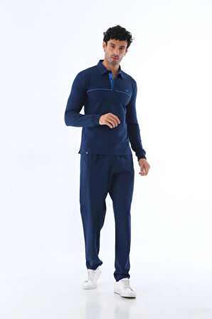 Erkek Iki Iplik Sweatshirt Düğmeli Açık Lacivert Polo Yaka Uzun Kollu T-shirt Alt-üst Takım - 7628