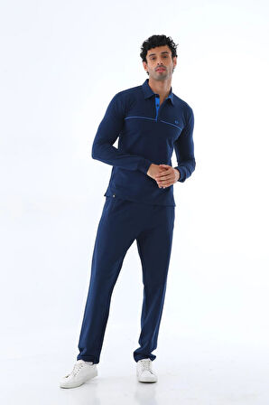 Erkek Iki Iplik Sweatshirt Düğmeli Açık Lacivert Polo Yaka Uzun Kollu T-shirt Alt-üst Takım - 7628