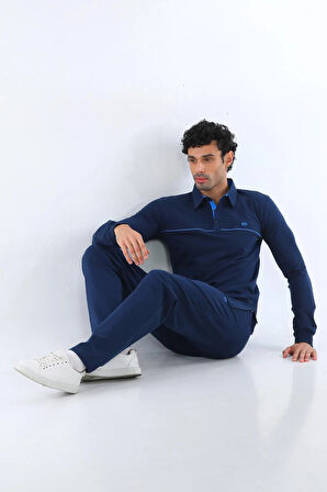 Erkek Iki Iplik Sweatshirt Düğmeli Açık Lacivert Polo Yaka Uzun Kollu T-shirt Alt-üst Takım - 7628