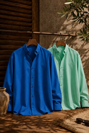 Erkek Minimal Baskılı Oversize Dokulu Gömlek 2'li Set Mavi-Yeşil