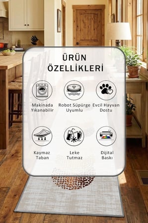 Ehl 98 Gri Yıkanabilir Kaymaz Taban Dijital Baskılı Mutfak Halısı