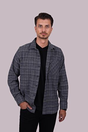 Lacivert Hasır Desenli Oduncu Oversize   Erkek Gömlek
