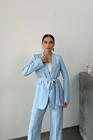 Açık Mavi Kuşaklı Ceket Pantolon Takım