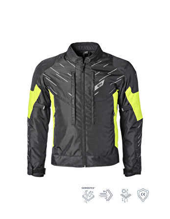 KASAI 4 Mevsimlik Korumalı Motosiklet Montu Siyah Neon Sarı – Su ve Rüzgar Geçirmez