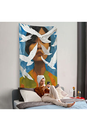 Beyaz Kuşlar ve Asyalı Kadın Duvar Örtüsü-7630