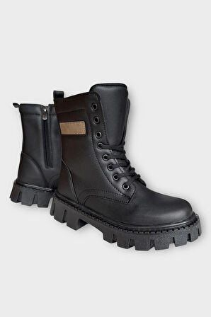 Kışlık Bağcıklı Fermuarlı Uzun Kadın Bot SİYAH