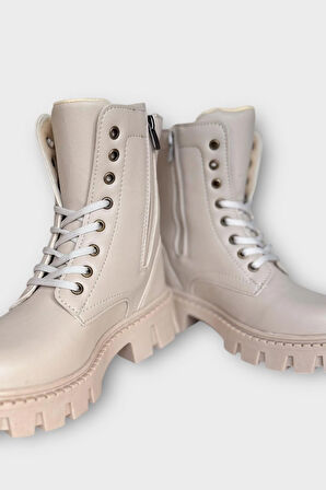 Kışlık Bağcıklı Fermuarlı Uzun Kadın Bot BEJ