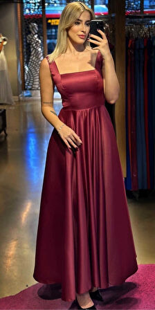 Vişne Renk  Kalın Askı Kloş Etekli Saten Midi Abiye Elbise 7631