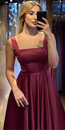 Vişne Renk  Kalın Askı Kloş Etekli Saten Midi Abiye Elbise 7631