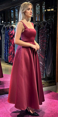 Vişne Renk  Kalın Askı Kloş Etekli Saten Midi Abiye Elbise 7631