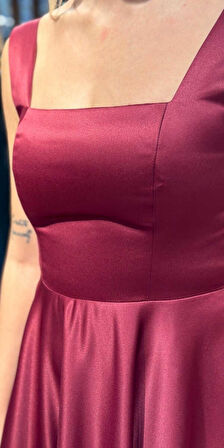 Vişne Renk  Kalın Askı Kloş Etekli Saten Midi Abiye Elbise 7631