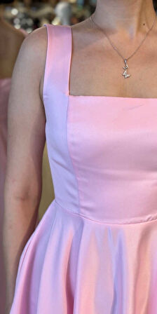 Pembe Kalın Askı Kloş Etekli Saten Midi Abiye Elbise 7631