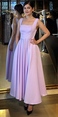 Lila Kalın Askı Kloş Etekli Saten Midi Abiye Elbise 7631