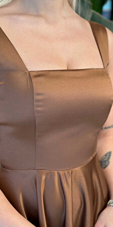 Kahverengi Kalın Askı Kloş Etekli Saten Midi Abiye Elbise 7631