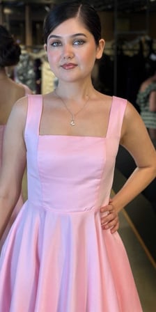 Pembe Kalın Askı Kloş Etekli Saten Midi Abiye Elbise 7631