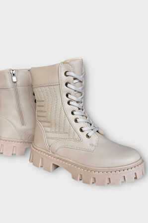 Kışlık Bağcıklı Fermurlı Uzun Kadın Bot BEJ