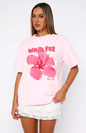 Hibiscus Çiçek Baskılı White Fox Kadın Tişört Günlük Rahat Kesim