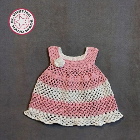 Uretti - Talia 8659 1429 El Örgüsü Koton İp Kız Çocuk Elbise - 1 Yaş / Pembe - Beyaz