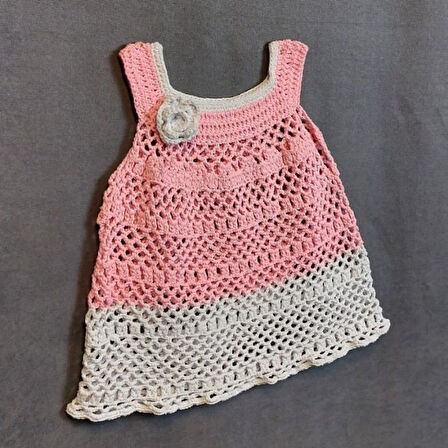 Uretti - Talia 8659 1429 El Örgüsü Koton İp Kız Çocuk Elbise - 1 Yaş / Pembe - Beyaz