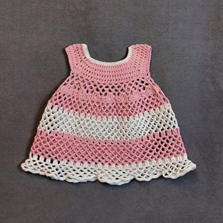 Uretti - Talia 8659 1429 El Örgüsü Koton İp Kız Çocuk Elbise - 1 Yaş / Pembe - Beyaz