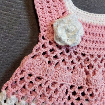 Uretti - Talia 8659 1429 El Örgüsü Koton İp Kız Çocuk Elbise - 1 Yaş / Pembe - Beyaz